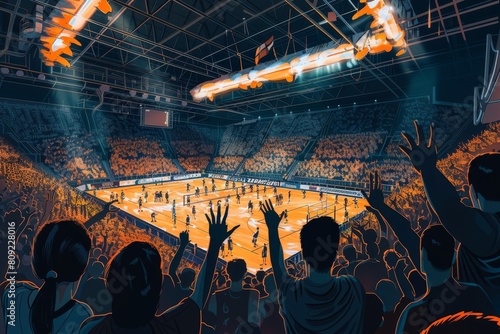 A digital painting showing a packed basketball stadium with excited fans watching a game, A digital painting of a crowded volleyball stadium filled with cheering fans