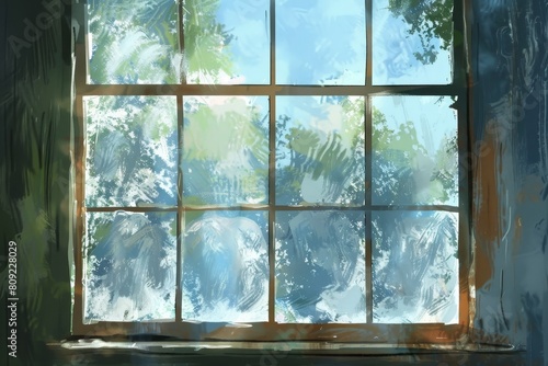 A window displaying trees outside in bright sunlight  A digital painting of a gleaming  streak-free window