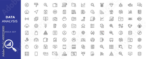 Data analysis thin line icon mega set. Data processing outline pictograms for website and mobile app GUI. Digital analytics simple UI, UX vector icons