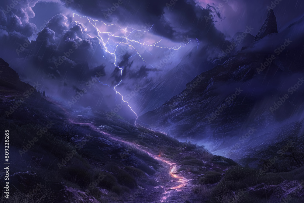 Haunting Midnight Lightning Strike on a Winding Path Through Ominous Landscape