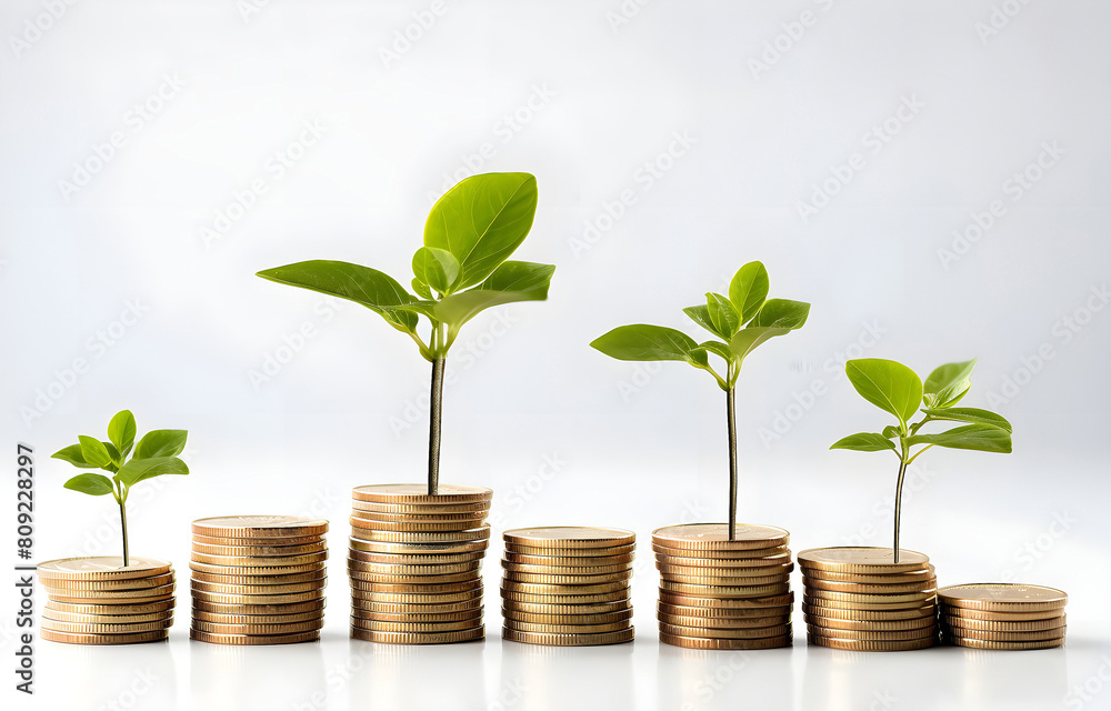 green plant growing on golden coins stacks on white background green plant growing on golden coins stacks on white background
