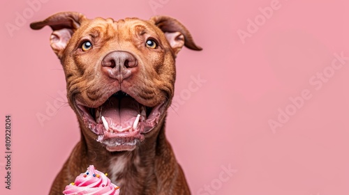   A dog  nose-on  holds a cupcake in its mouth against a pink background wall