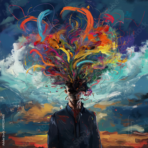 A painting depicting a mans head with vibrant and chaotic colorful hair, showcasing a unique chaos of mind and thoughts
