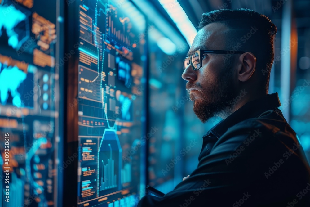 A digital security officer wearing glasses closely monitors content displayed on a computer screen, A digital security officer overseeing the implementation of security policies A digital security officer wearing glasses closely monitors content displayed on a computer screen, A digital security officer overseeing the implementation of security policies