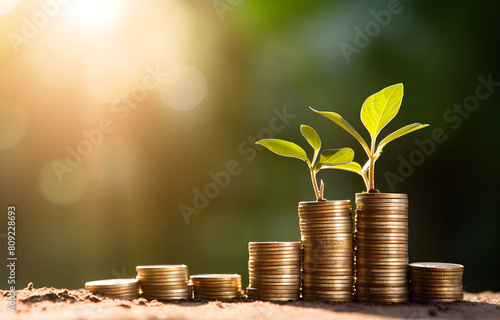 Coins stack with step growing plant and sunshine blurred nature