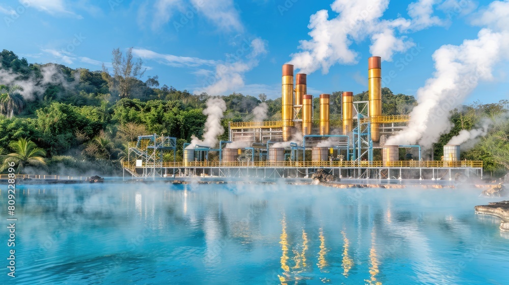 a geothermal power plant, its colossal pipes and towering high-voltage lines standing boldly against the canvas of a clear blue sky. a geothermal power plant, its colossal pipes and towering high-voltage lines standing boldly against the canvas of a clear blue sky.