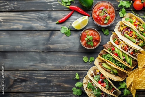 A table with a variety of Mexican food including tacos, chips, and salsa