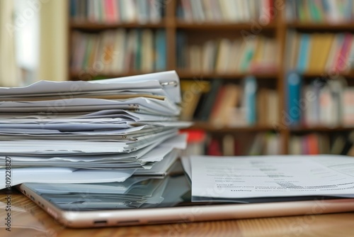 A collection of papers neatly piled on a wooden table, A digital tablet showing a variety of documents and PDFs