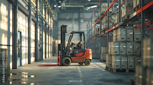 Modern Warehousing, Forklift in Action, Logistics and Shipping Conceptual Photo. Industrial Storage Area with Shelves. Realistic Lighting. AI