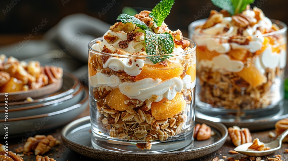 A close-up of a dessert in a glass on a table surrounded by pecans and other sweets A close-up of a dessert in a glass on a table surrounded by pecans and other sweets