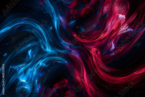 Abstract neon galaxy with swirling red and blue celestial bodies. Vibrant artwork on black background.