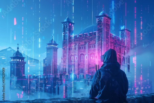 A man stands in front of a building illuminated by neon lights  A digital warrior protecting a virtual fortress from cyber threats