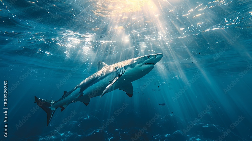 A shark is swimming in the ocean with the sun shining on it A shark is swimming in the ocean with the sun shining on it