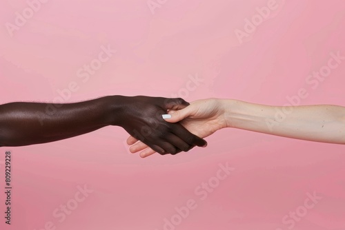 Two hands clasping together, one black and one white