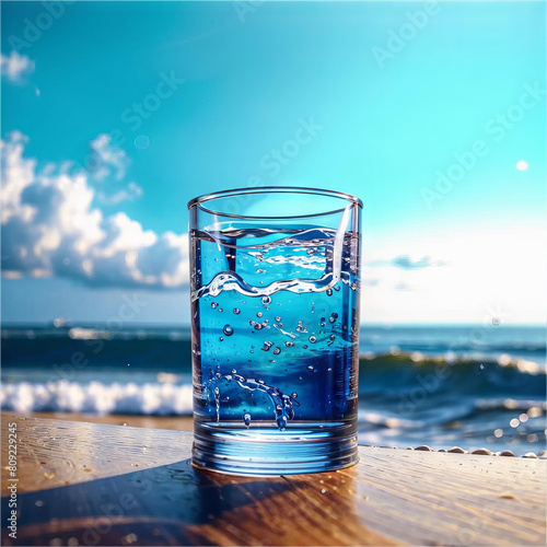 Glass with water and waves against the background of the sea.