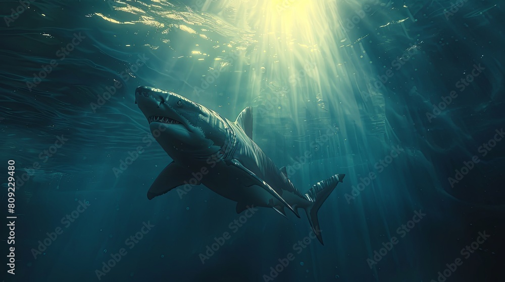 A shark is swimming in the ocean. The water is clear and the sun is shining brightly. The shark is the main focus of the image. A shark is swimming in the ocean. The water is clear and the sun is shining brightly. The shark is the main focus of the image.