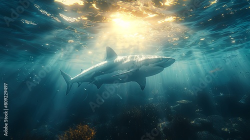 A shark is swimming in the ocean. The water is clear and the sun is shining brightly. The shark is the main focus of the image. photo