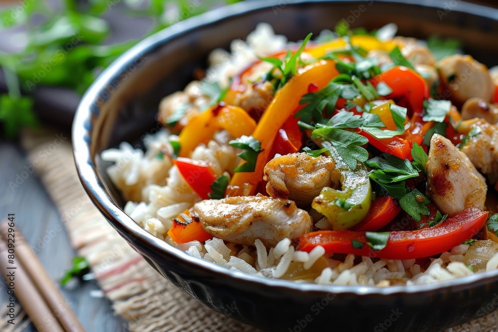Close-up view of a bowl of food with fluffy jasmine rice, stir-fried with colorful vegetables, A dish of fragrant jasmine rice, stir-fried with colorful bell peppers and tender chunks of chicken Close-up view of a bowl of food with fluffy jasmine rice, stir-fried with colorful vegetables, A dish of fragrant jasmine rice, stir-fried with colorful bell peppers and tender chunks of chicken