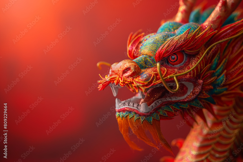 A red and gold colored dragon's head on a red background.