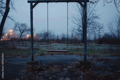 Twilight Solitude: An Empty Swing in an Abandoned Playground at Dusk