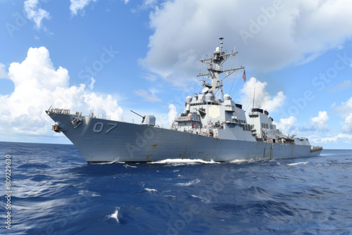 Modern warship sailing in still water on blue sky background.