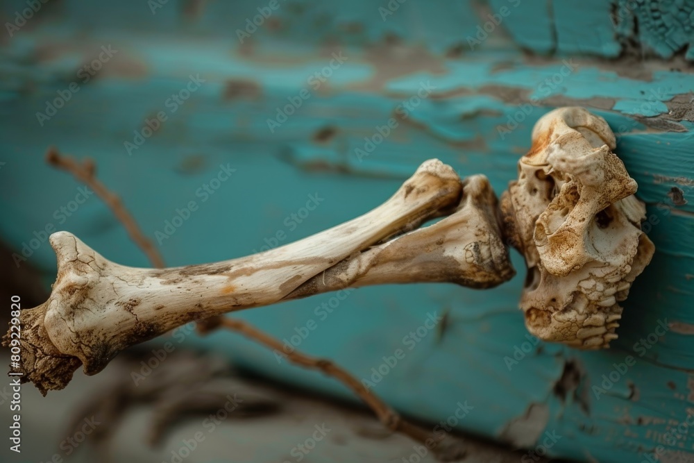 A detailed view of a bone dislocated from a piece of wood, showing an unusual connection, A dislocated joint, visibly out of place