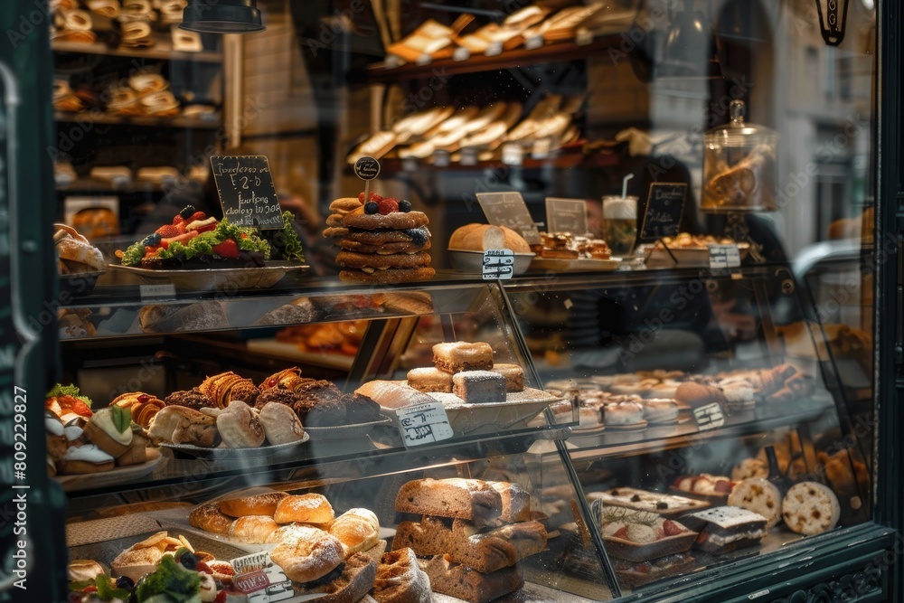 A bakery showcasing a wide array of bread types including baguettes, croissants, sourdough loaves, and sandwiches, A display of delicious pastries and sandwiches behind a glass counter A bakery showcasing a wide array of bread types including baguettes, croissants, sourdough loaves, and sandwiches, A display of delicious pastries and sandwiches behind a glass counter