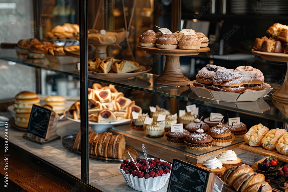 A display case filled with a variety of pastries and sandwiches, A display of delicious pastries and sandwiches behind a glass counter