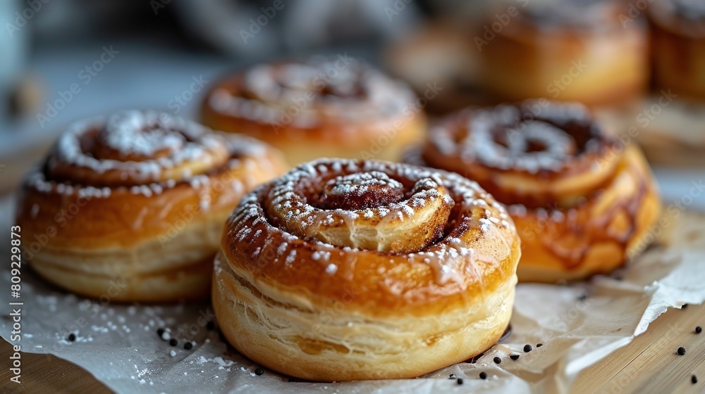   A dozen doughnuts atop wax paper on a wooden table