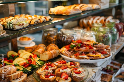 Display case filled with various types of food including pastries and sandwiches, A display of delicious pastries and sandwiches behind a glass counter