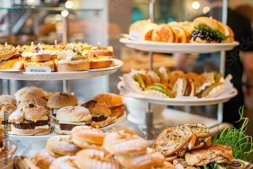 A display case full of various types of sandwiches, including different fillings and bread types, A display of delicious pastries and sandwiches behind a glass counter photo