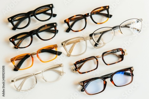 Six pairs of stylish glasses frames arranged side by side, A display of modern, sleek frames in a variety of colors and materials