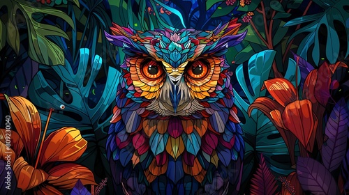 A colorful owl is the main subject of this image