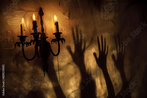 Creepy Shadows and Flickering Candlelight on a Spooky Wall Scene photo