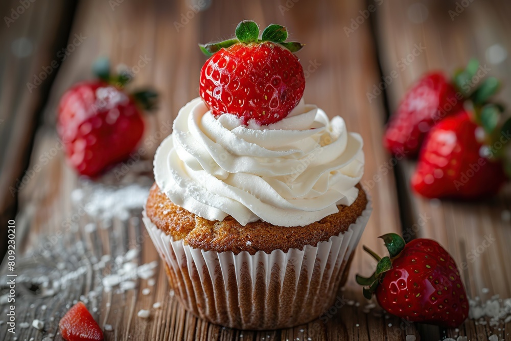 Tasty cupcake with butter cream and ripe strawberries on wooden table