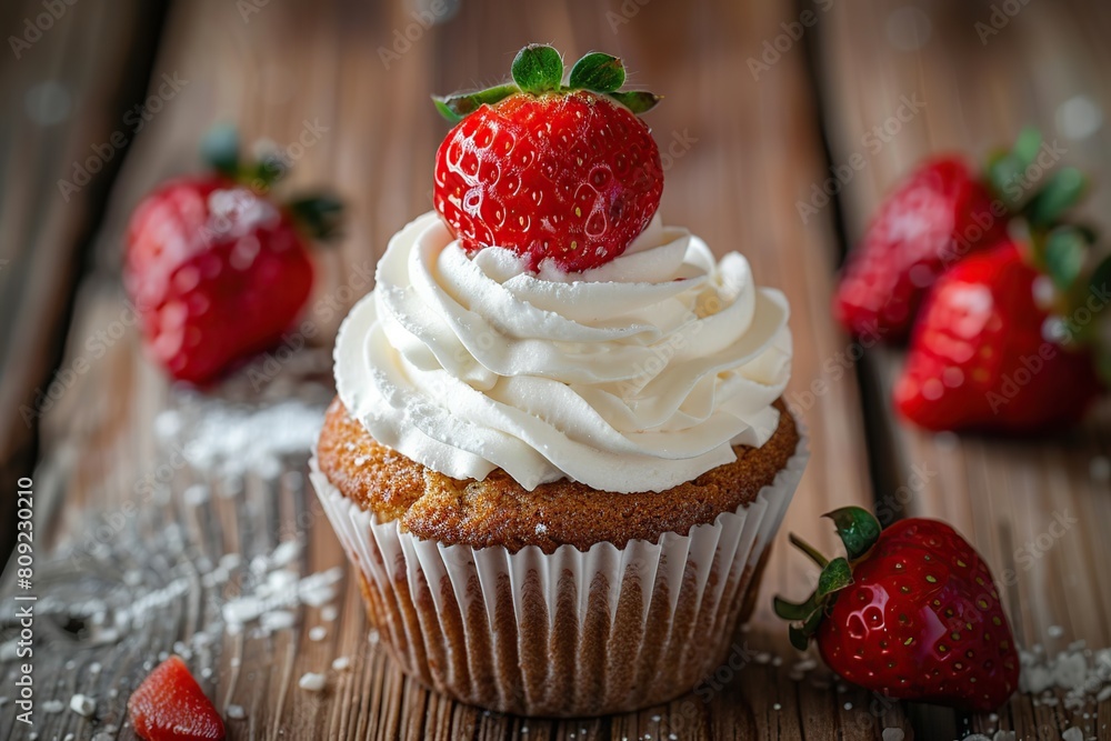 Tasty cupcake with butter cream and ripe strawberries on wooden table Tasty cupcake with butter cream and ripe strawberries on wooden table