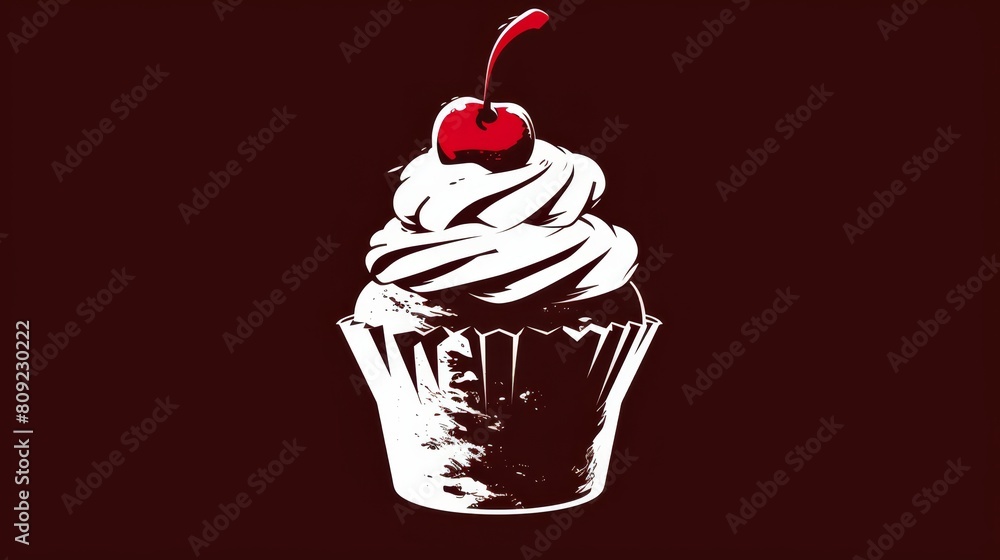 A cupcake with a cherry atop, against black backdrop, sporting a scarlet mark A cupcake with a cherry atop, against black backdrop, sporting a scarlet mark