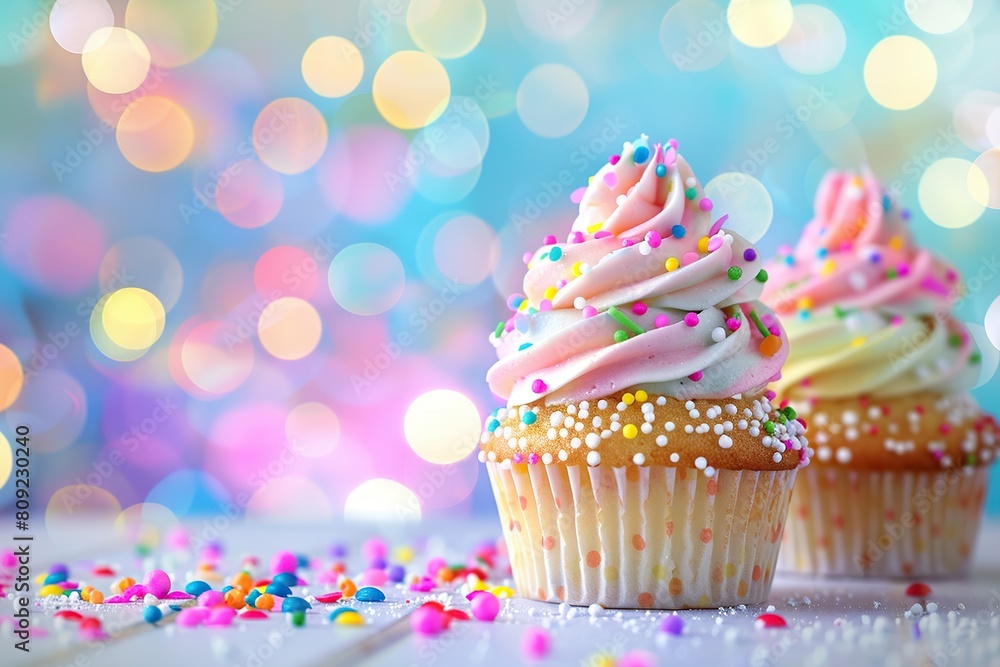 Tasty cupcakes with butter cream and sprinkles on blurred lights background