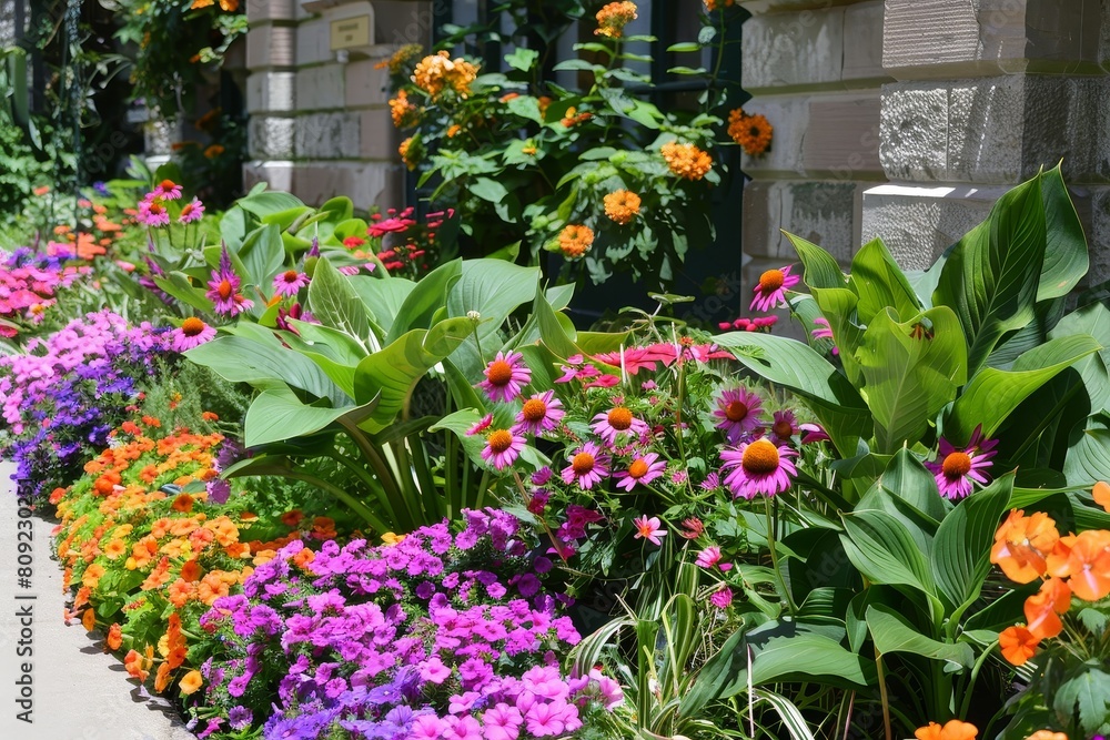 Vibrant row of flowers lining the building facade, adding a pop of color to the urban setting, A display of vibrant flowers and plants near the entrance