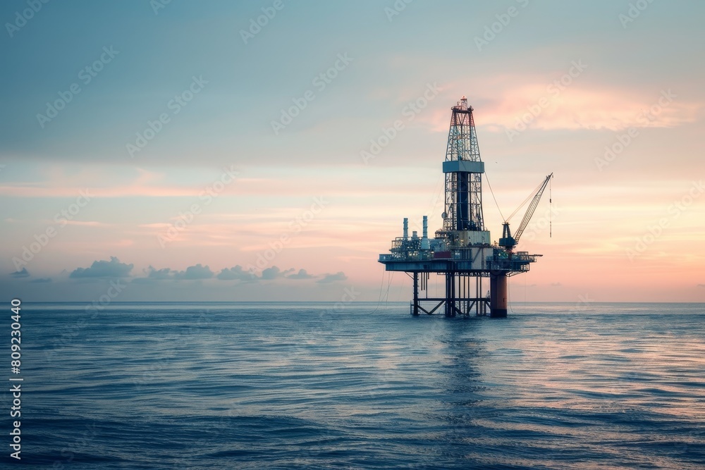 An oil rig standing tall in the middle of the ocean, extracting resources from beneath the seabed, A distant view of an oil rig standing tall in the midst of a vast horizon
