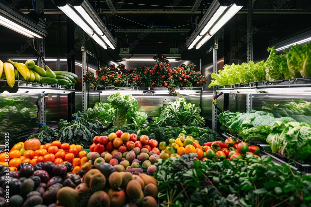 A diverse array of fresh fruits and vegetables filling the shelves in a grocery store produce section, A diverse array of fruits and vegetables thriving in their controlled environment