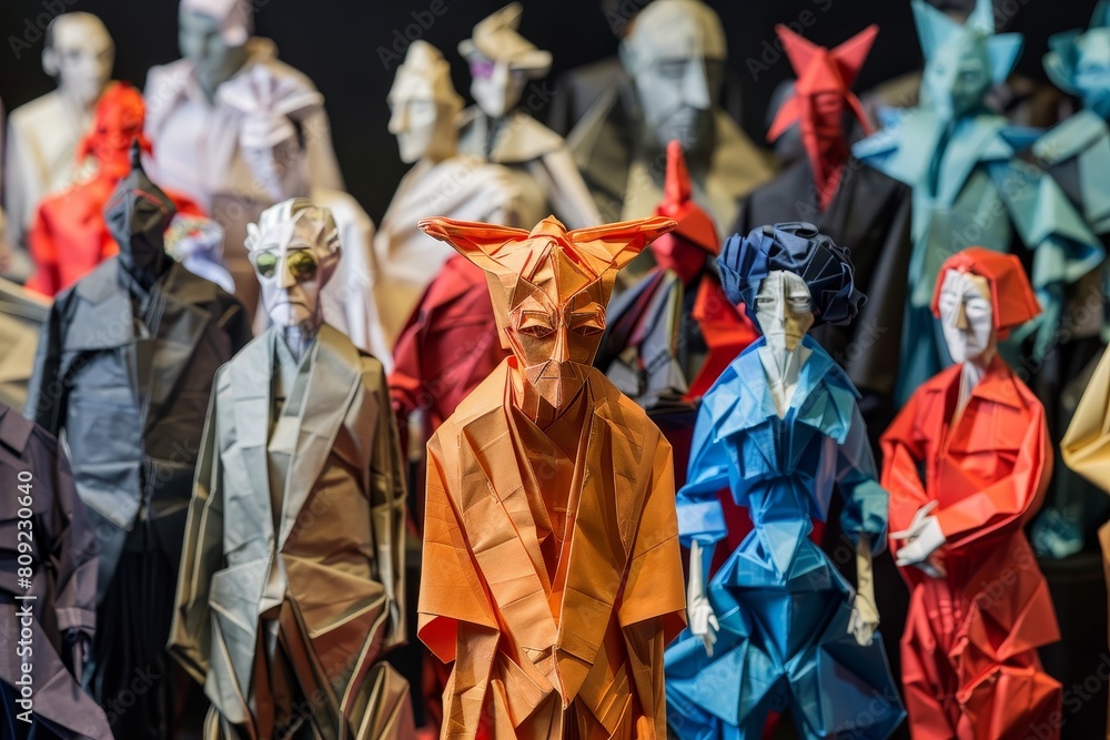 Diverse origami figures standing in a row next to each other, A diverse array of origami individuals, each one bringing a unique flair to the crowd Diverse origami figures standing in a row next to each other, A diverse array of origami individuals, each one bringing a unique flair to the crowd