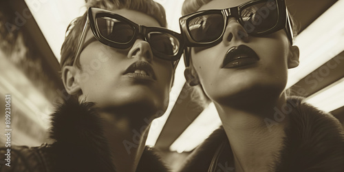 Twiggy girls concept. Close up portrait of two movie actresses wearing luxurious sunglasses and posing to a paparazzi. Old european films style. Monochrome sepia indoor shot