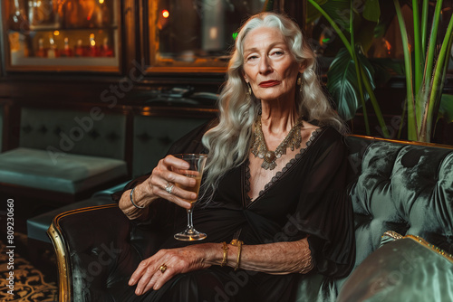 Perfect at any age. Gorgeous old lady in black dress holding a glass of white wine at dinner party of high society. Perfect make-up and hairdo. Indoor shot photo