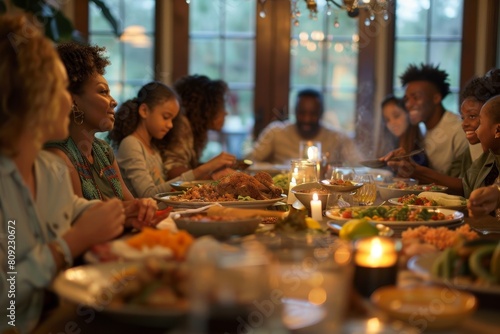 A varied group of people, likely family members, gathered around a large dining table for a meal, A diverse family sharing a meal around a big dining table