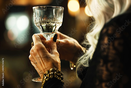 Perfect at any age. Hand of gorgeous old lady in black dress holding a glass of white wine at dinner party of high society. Close up indoor shot photo