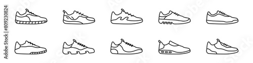 Sneakers line vector set. Outline sneaker simple icon on white background. Sports shoes concept logo vector. Running symbol icon. Sneaker foot size vector. Vector illustration.