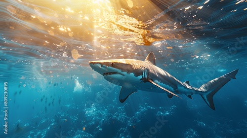 A shark is swimming in the ocean. The water is clear and the sun is shining brightly. The shark is the main focus of the image.