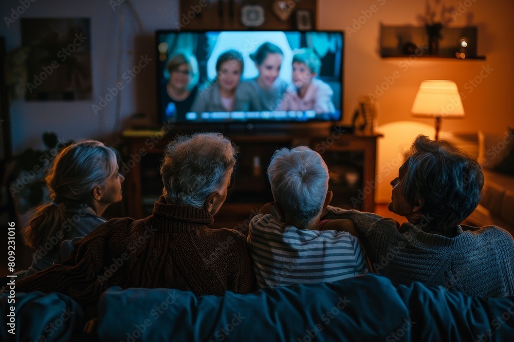 Diverse relatives sitting on a couch, watching TV together, A diverse group of relatives huddled around the TV, engrossed in the film playing Diverse relatives sitting on a couch, watching TV together, A diverse group of relatives huddled around the TV, engrossed in the film playing