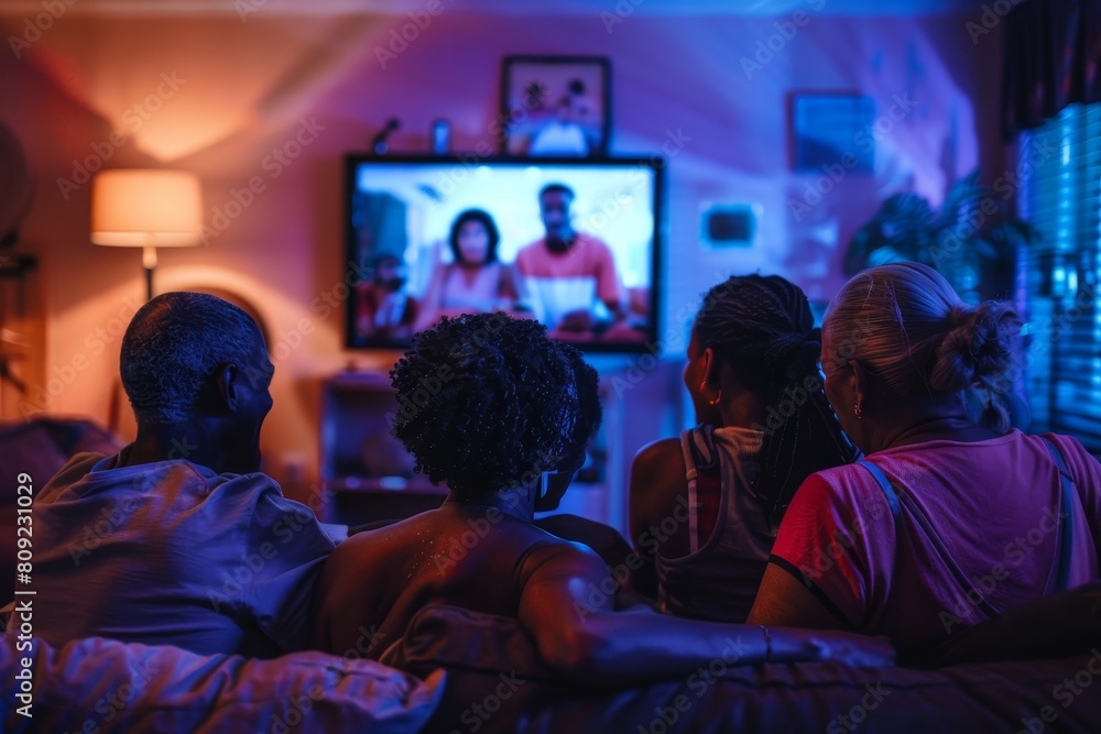 Diverse relatives sitting together in living room, focused on TV screen, A diverse group of relatives huddled around the TV, engrossed in the film playing Diverse relatives sitting together in living room, focused on TV screen, A diverse group of relatives huddled around the TV, engrossed in the film playing
